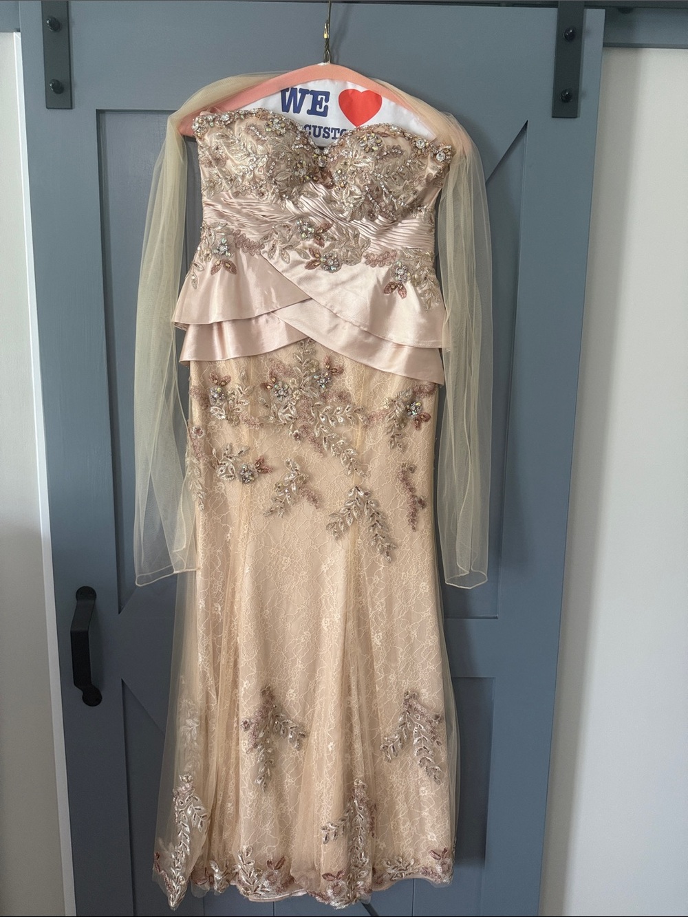 Camille La Vie Strapless Champagne Beaded Floral Appliqué Gown